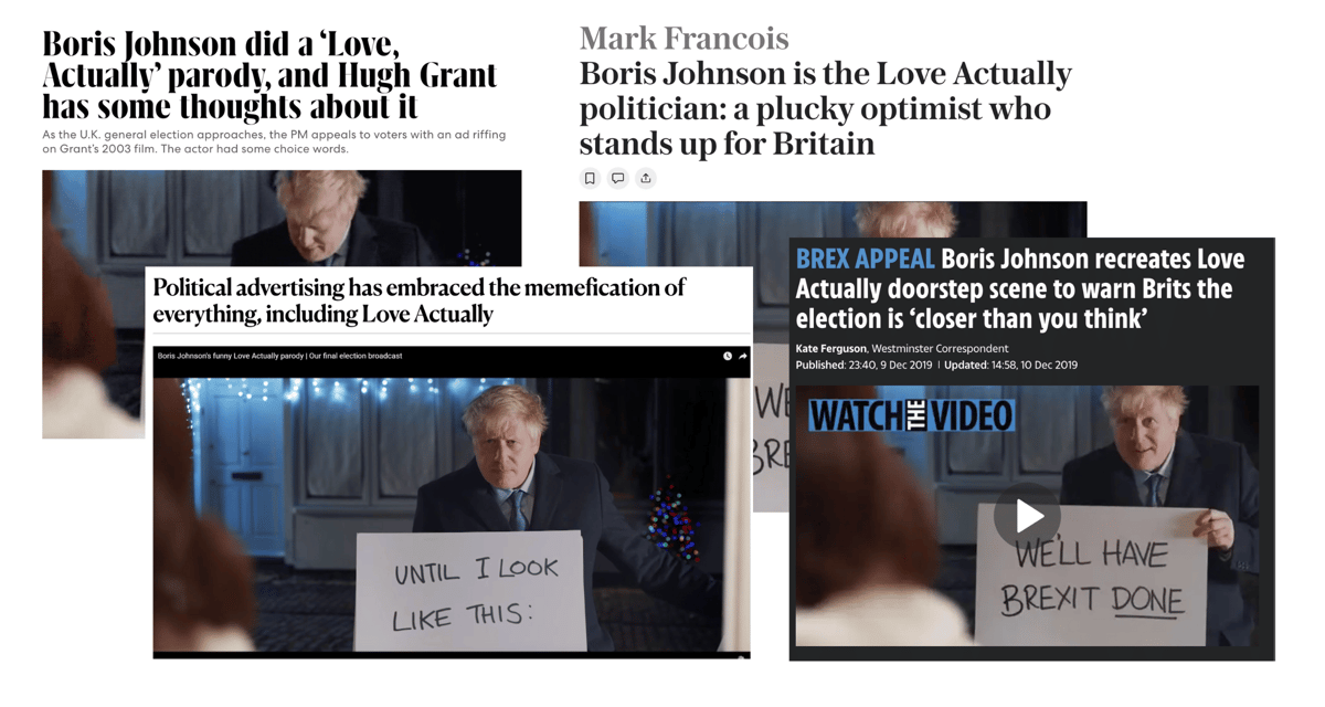 News headlines covering Boris Johnson's Love Actually parody ad