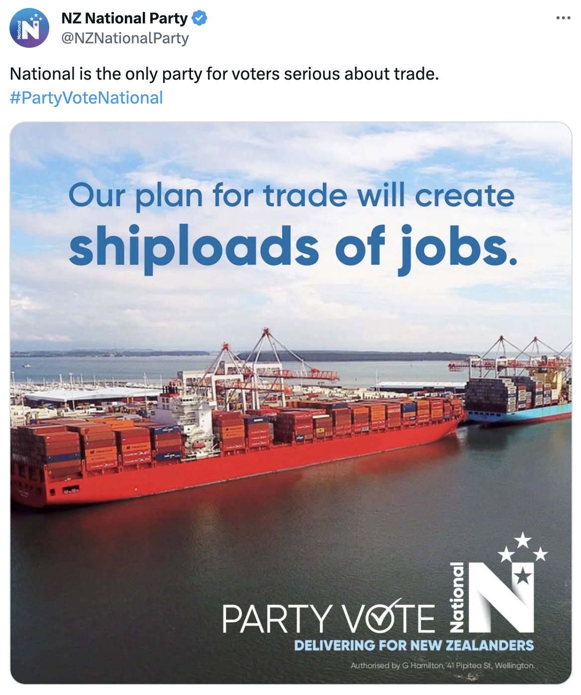 National Party campaign creative about trade deals bringing shiploads of jobs to New Zealand