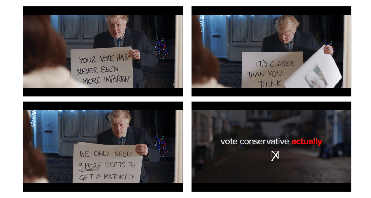 Still from Boris Johnson's Love Actually parody showing campaign message cards